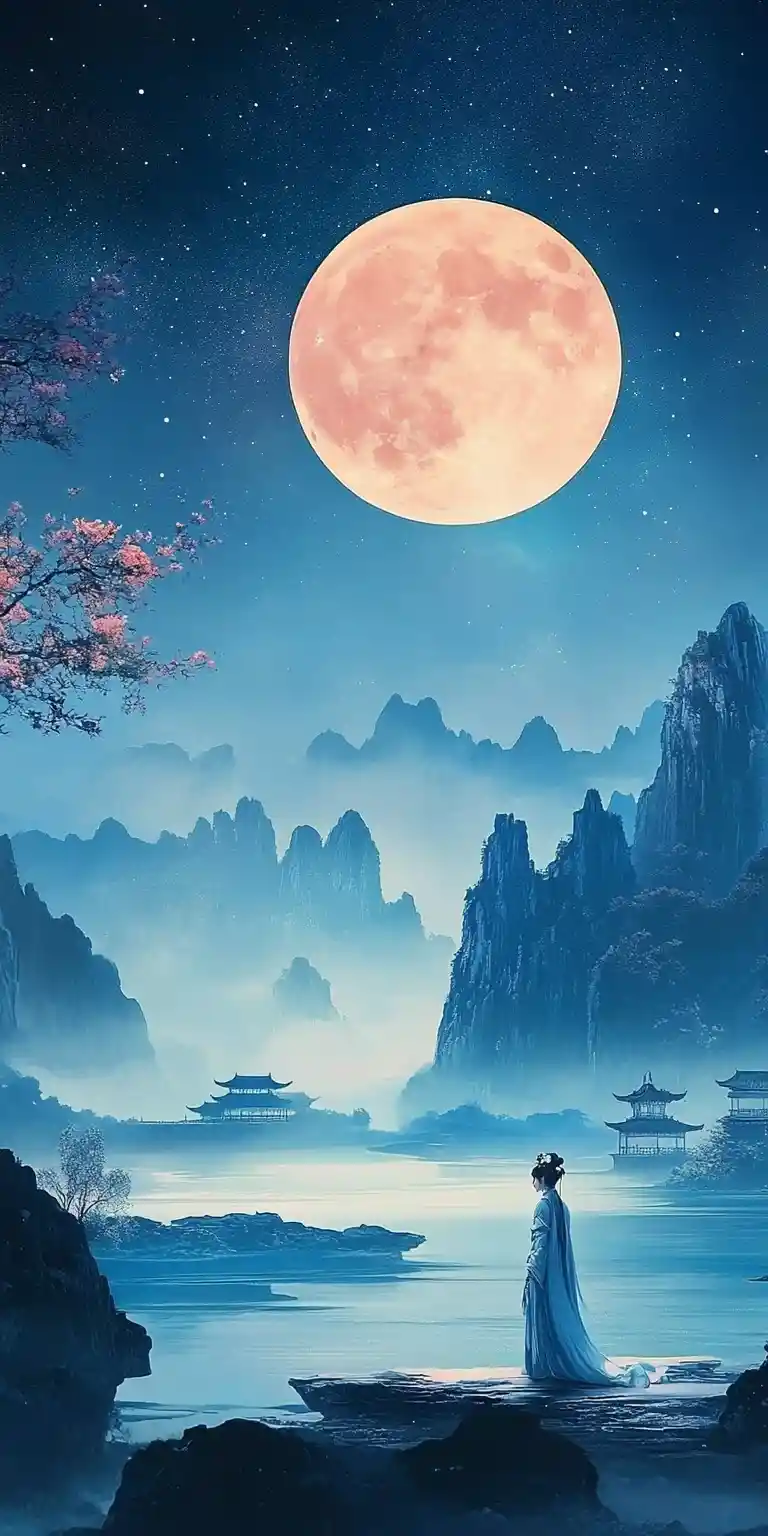 Moon goddess on a tranquil lake under a full moon