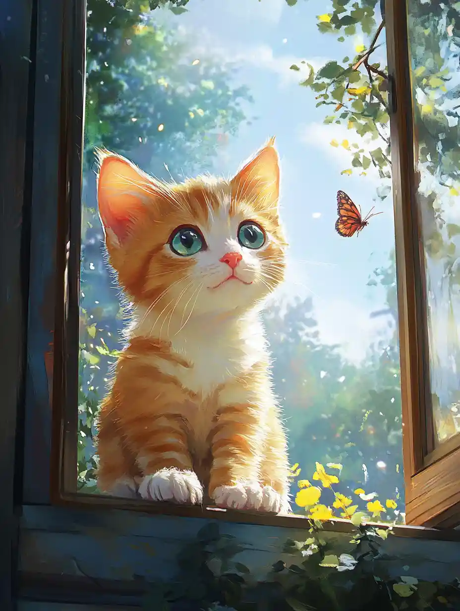 Playful anime kitten on a sunny summer beach