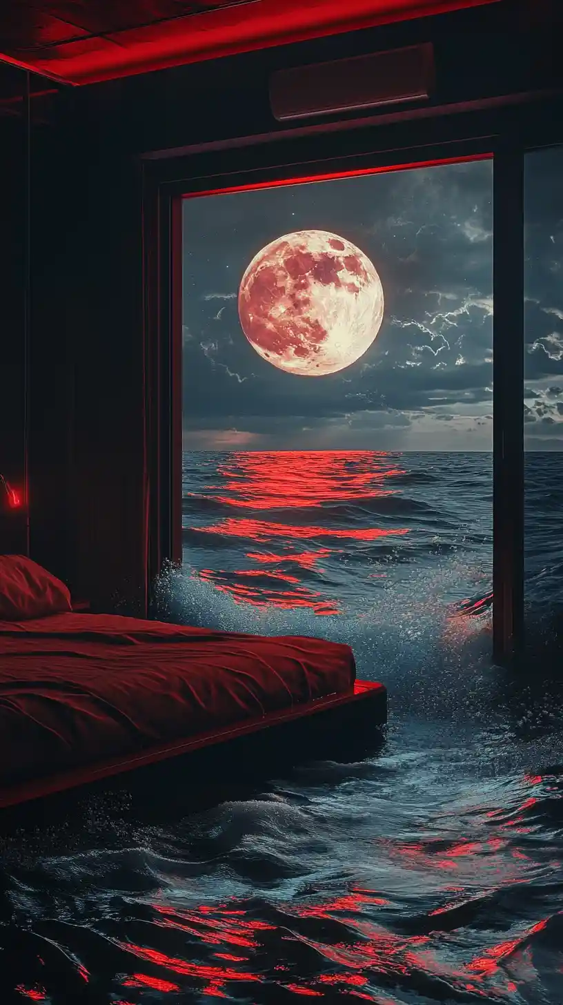 Bedroom Slowly Sinking Under Moonlit Ocean Waters