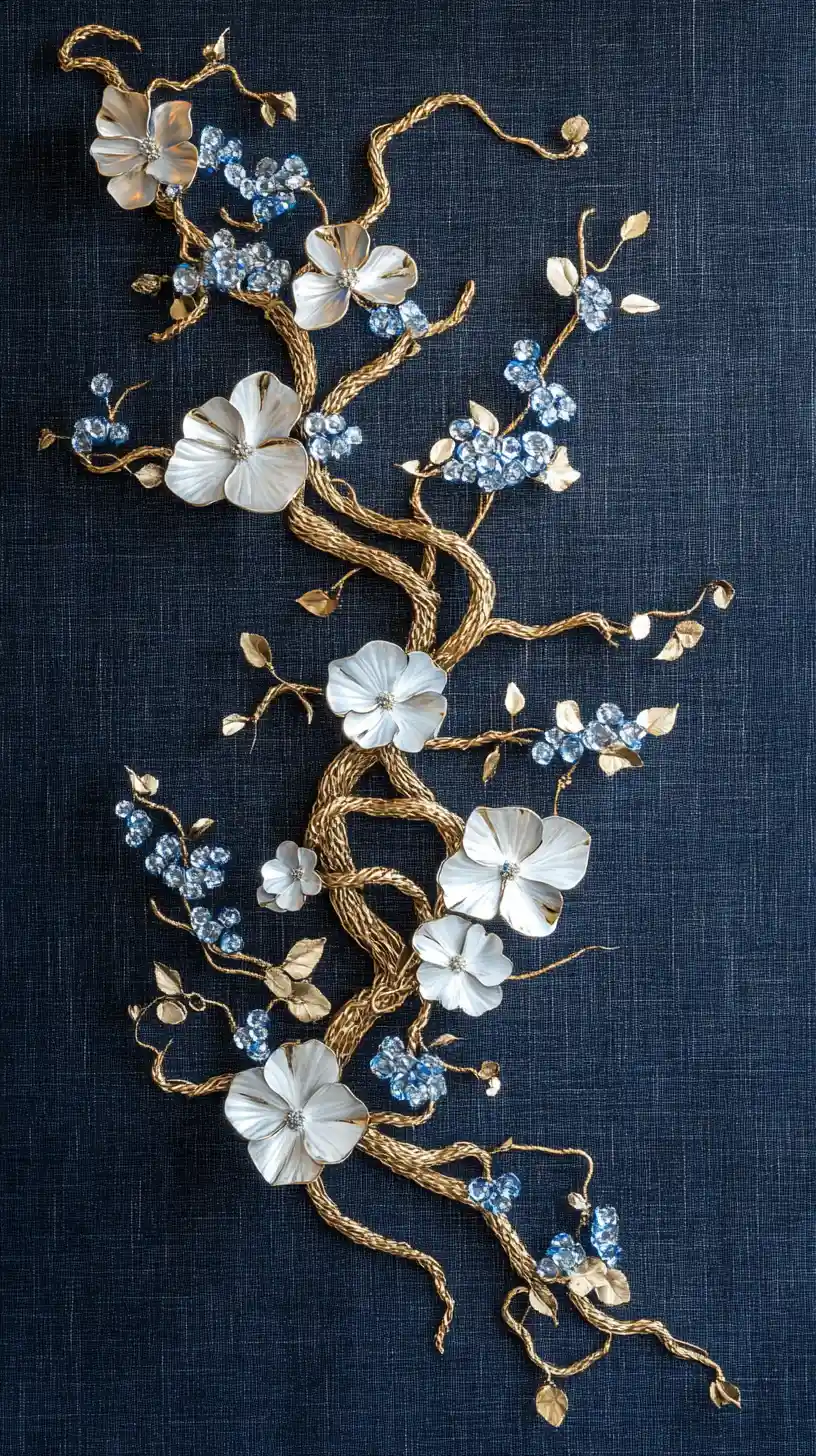 Gold branch wall sculpture with glass flowers on navy background