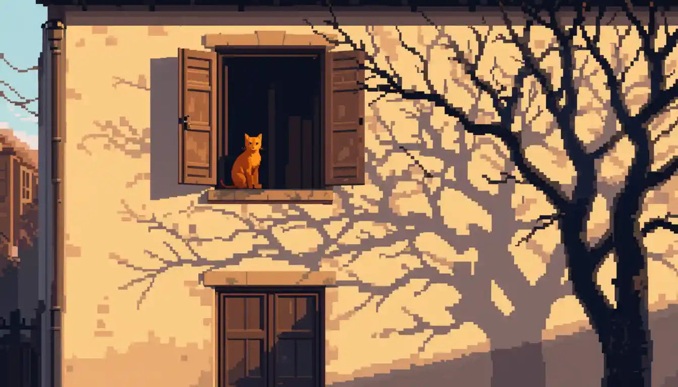 Pixel art building facade with orange cat at sunset