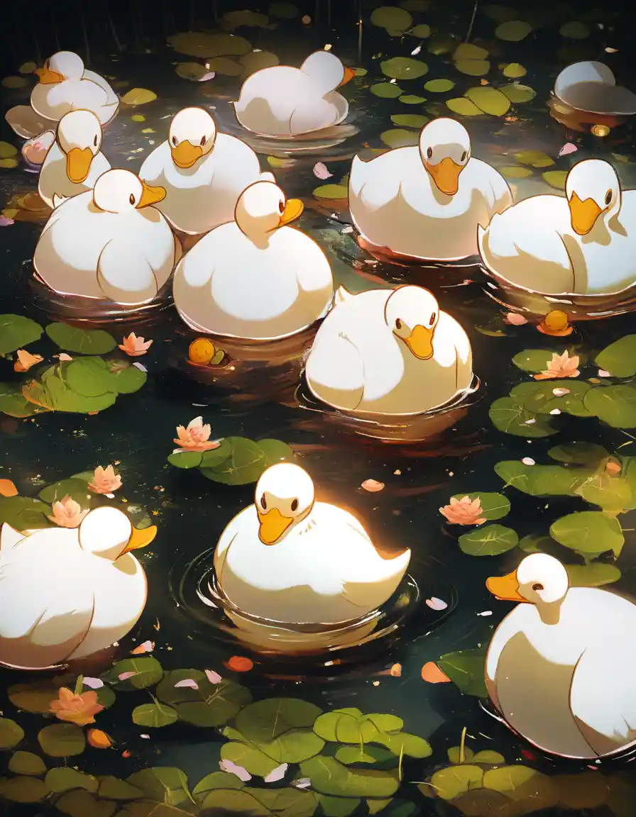 Wire duck family crossing a calm pond in single file
