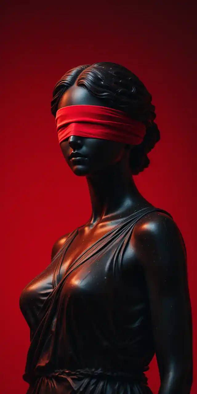 紅色背景上的蒙眼古典女性雕像