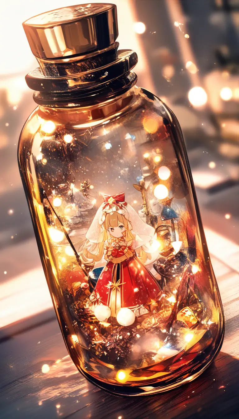 Scena di Natale Luminosa Dentro a Una Magica Bottiglia di Vetro