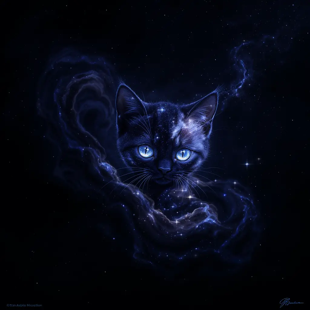 Chaton cosmique formé de trous noirs et de nébuleuses tourbillonnants