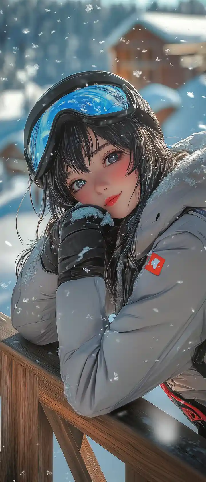 Anime-Mädchen in Skiausrüstung posiert am Holz-Lodgengeländer