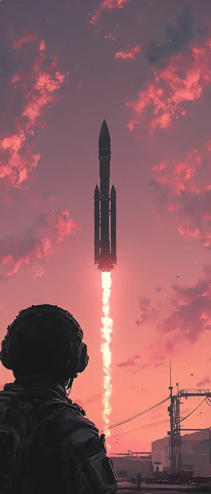 Soldier Watching Rocket Launch From Abandoned Pad At Sunset