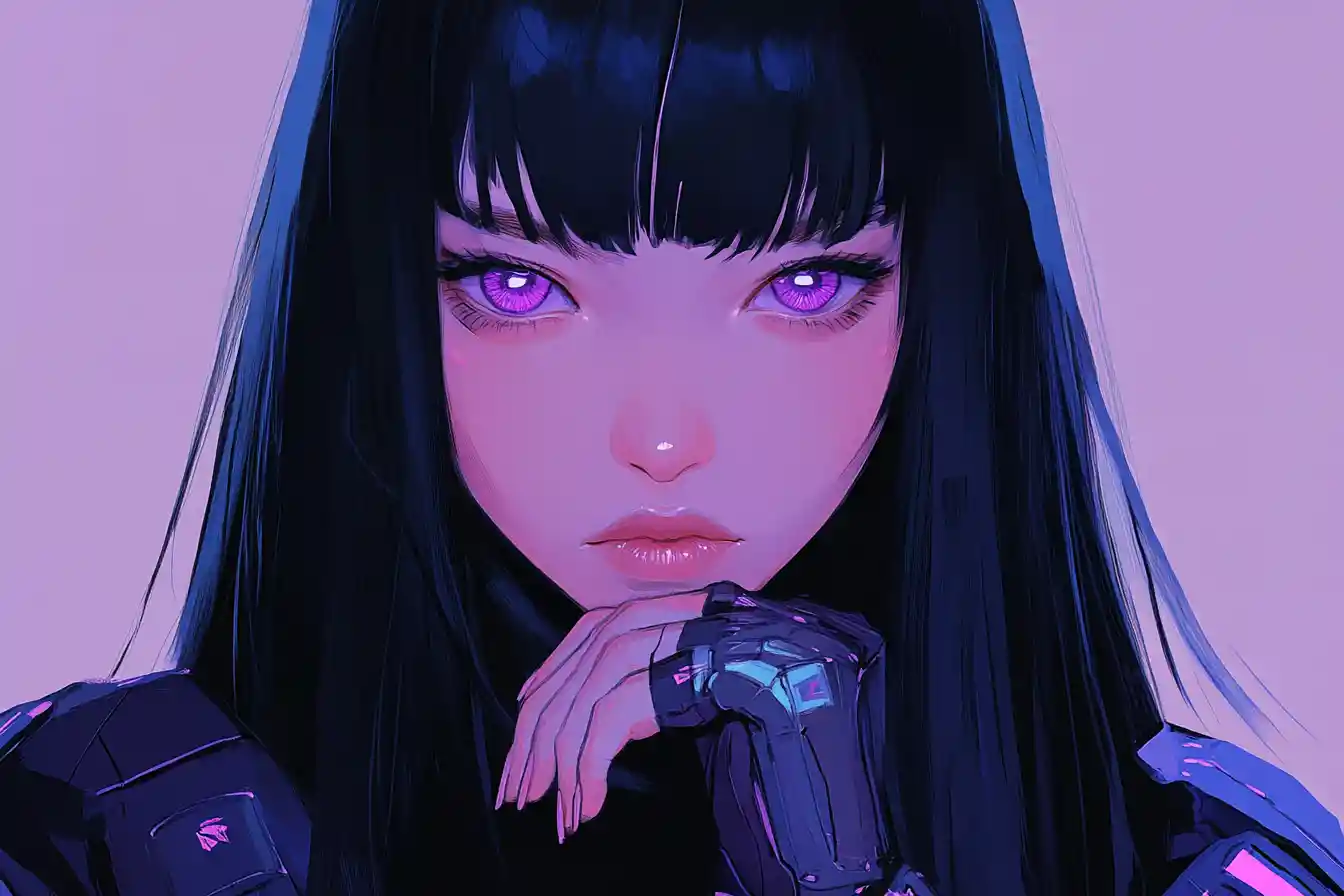 Anime girl portrait with lavender eyes and cyberpunk jacket