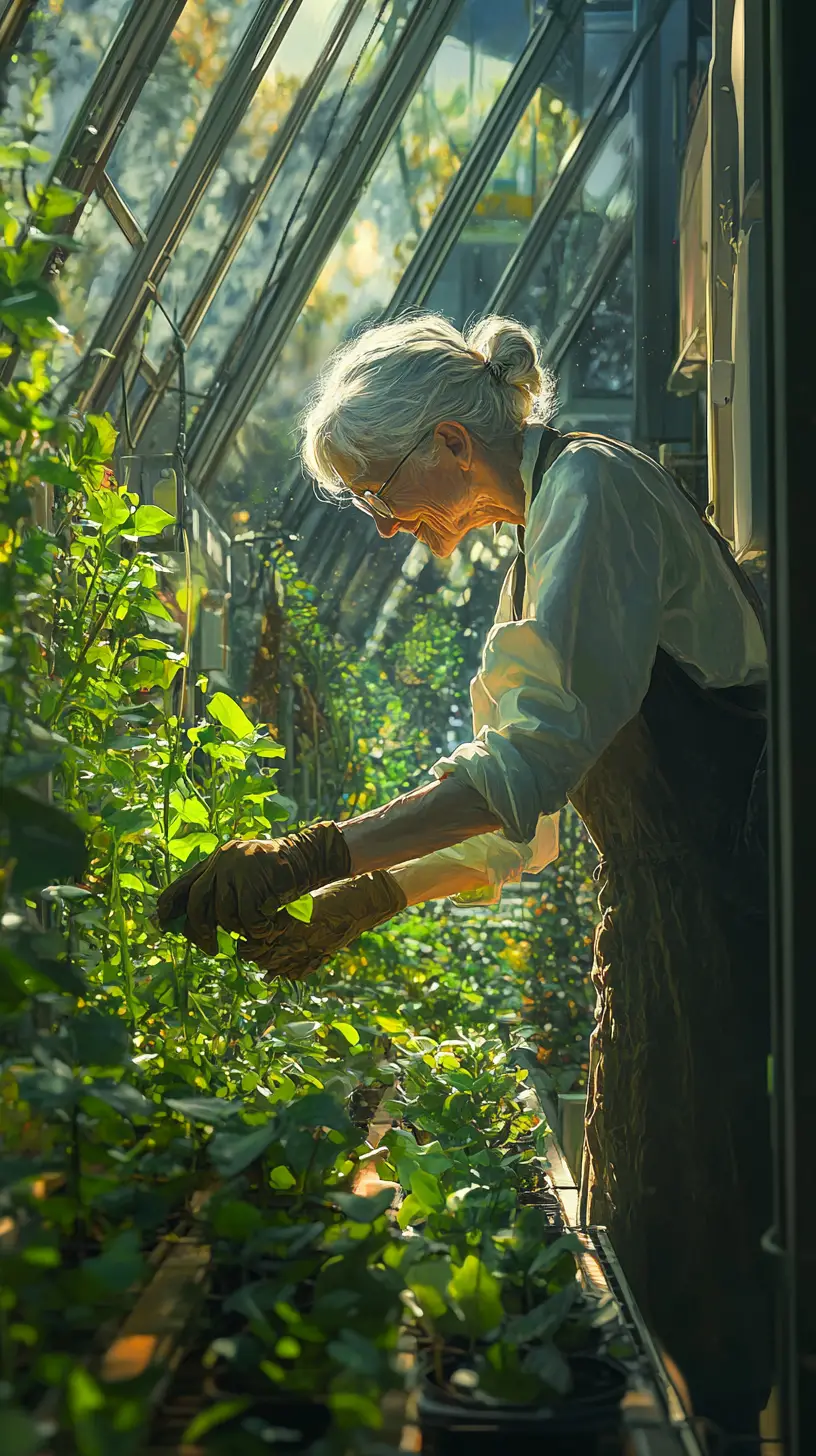 温室で光る植物の世話をする幸せそうなおばあちゃん