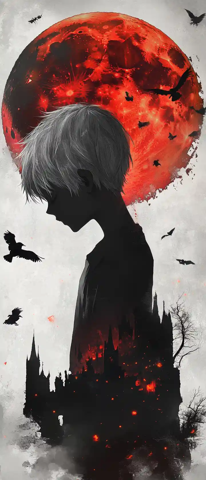 Anime boy silhouette with crumbling castle and blood moon