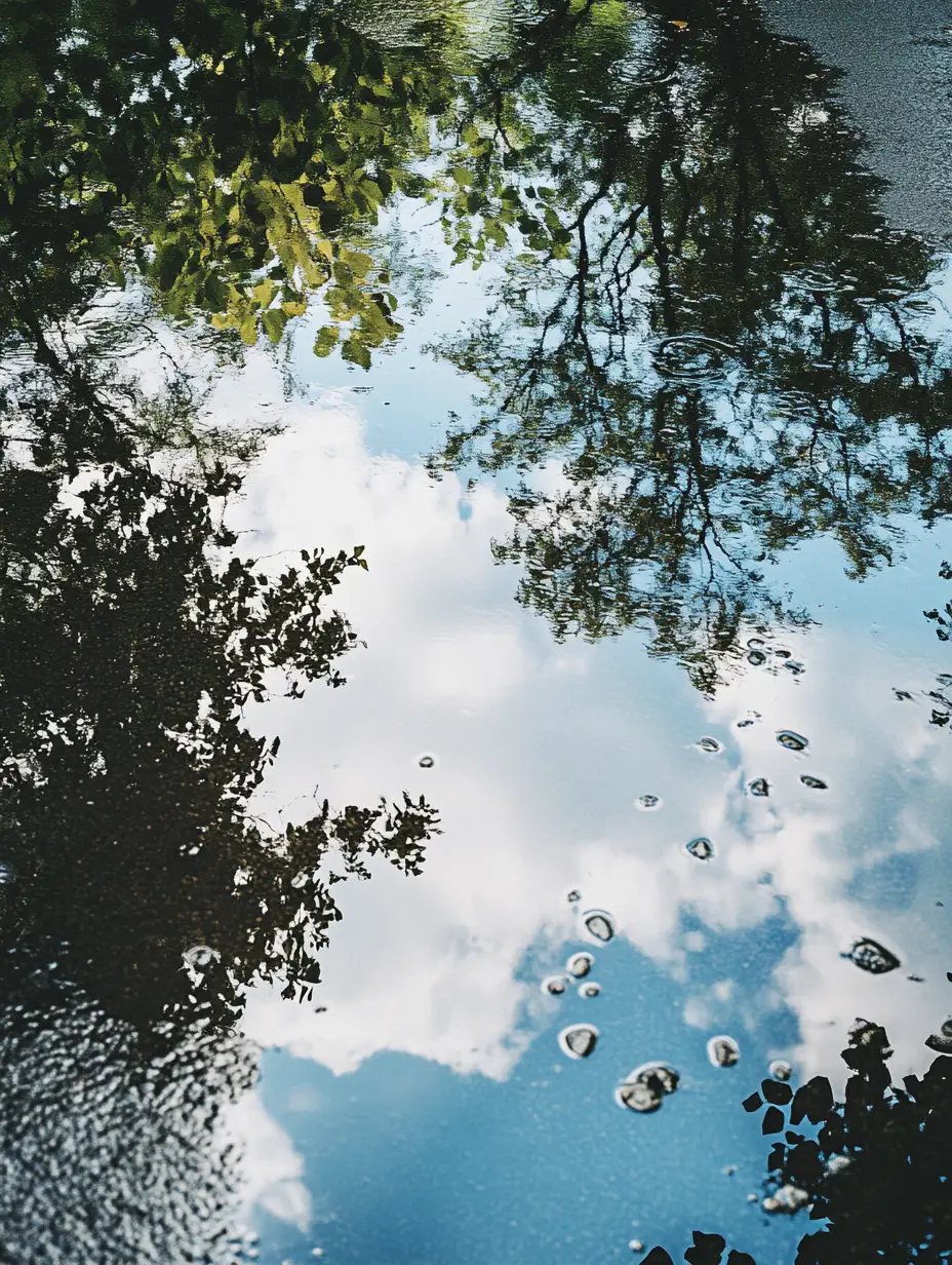 Poças no chão molhado refletindo céu azul e árvores