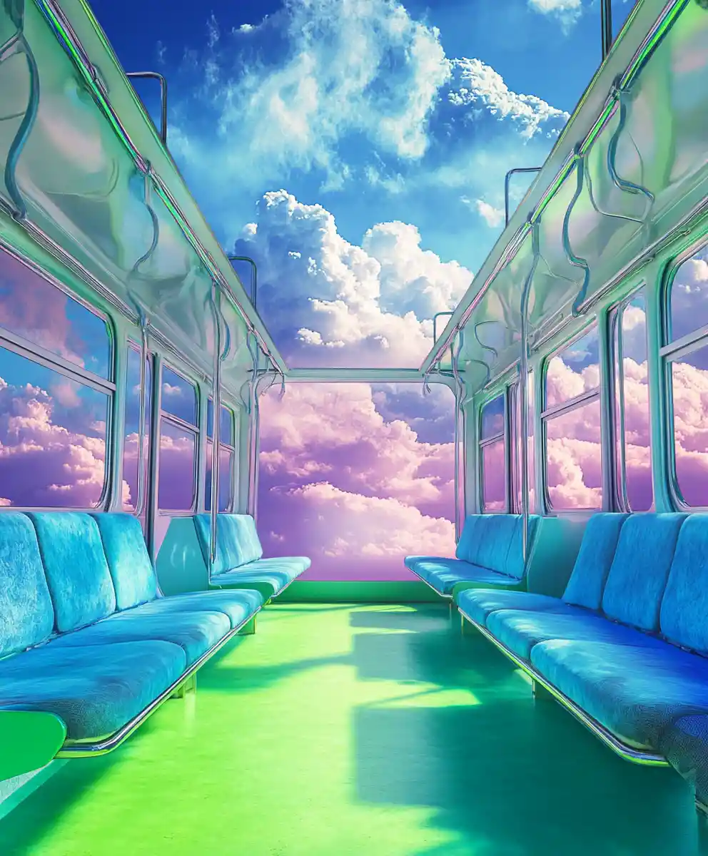 Treno surreale nel cielo con interni colorati e nuvole