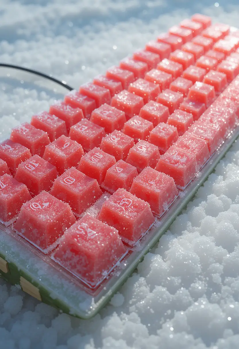 Teclado de sandía congelada renderizado en una escena 3D detallada