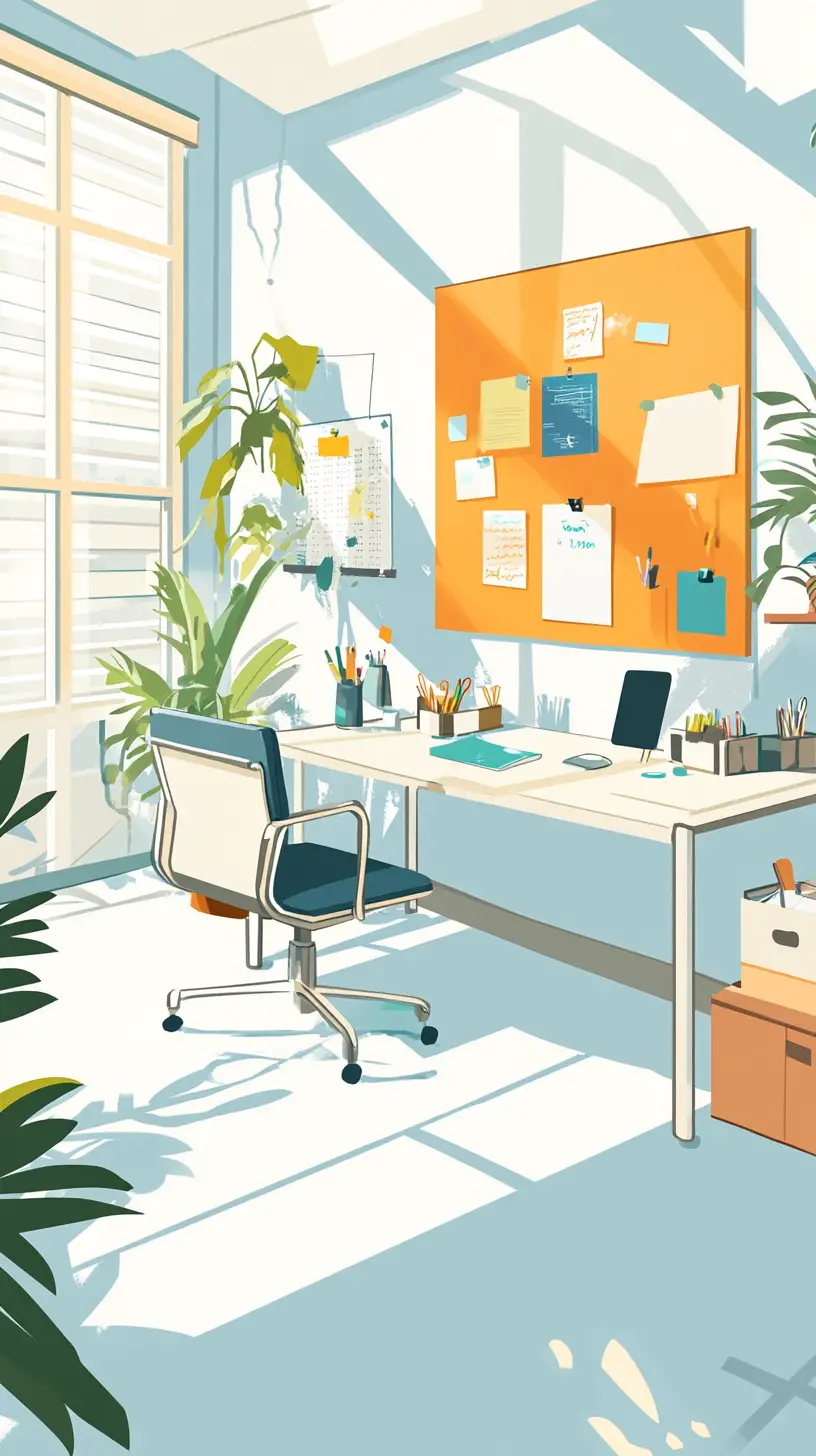 Verspieltes Pastell-Cartoon-Bürointerieur mit ordentlichen Schreibtischen
