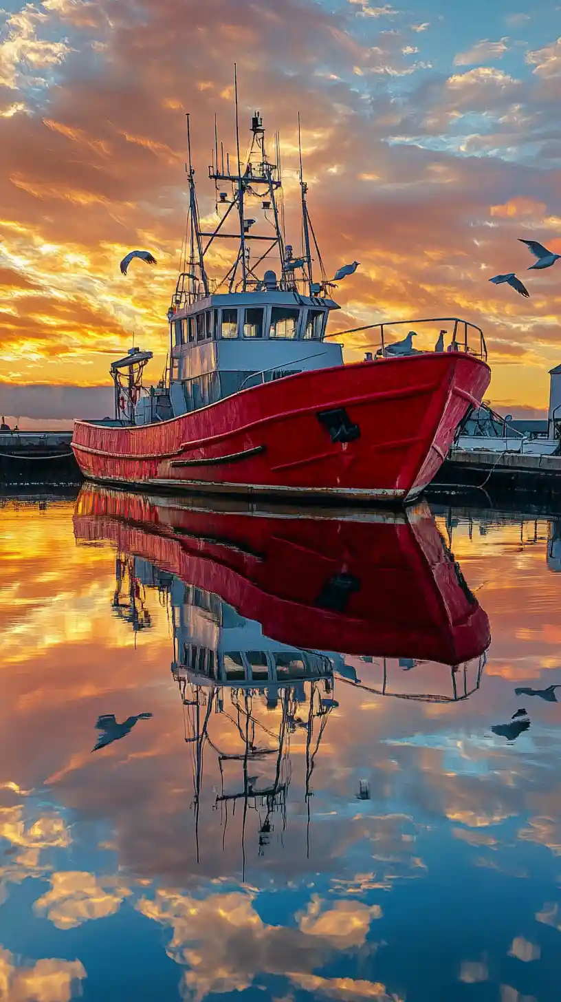 Barca da pesca rossa in un porto tranquillo al tramonto