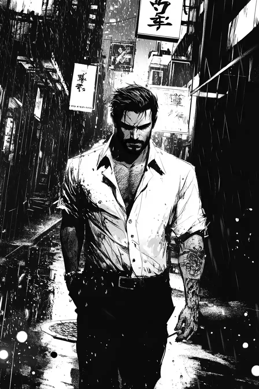 Gangster in rainy alley with cigarette and neon reflections