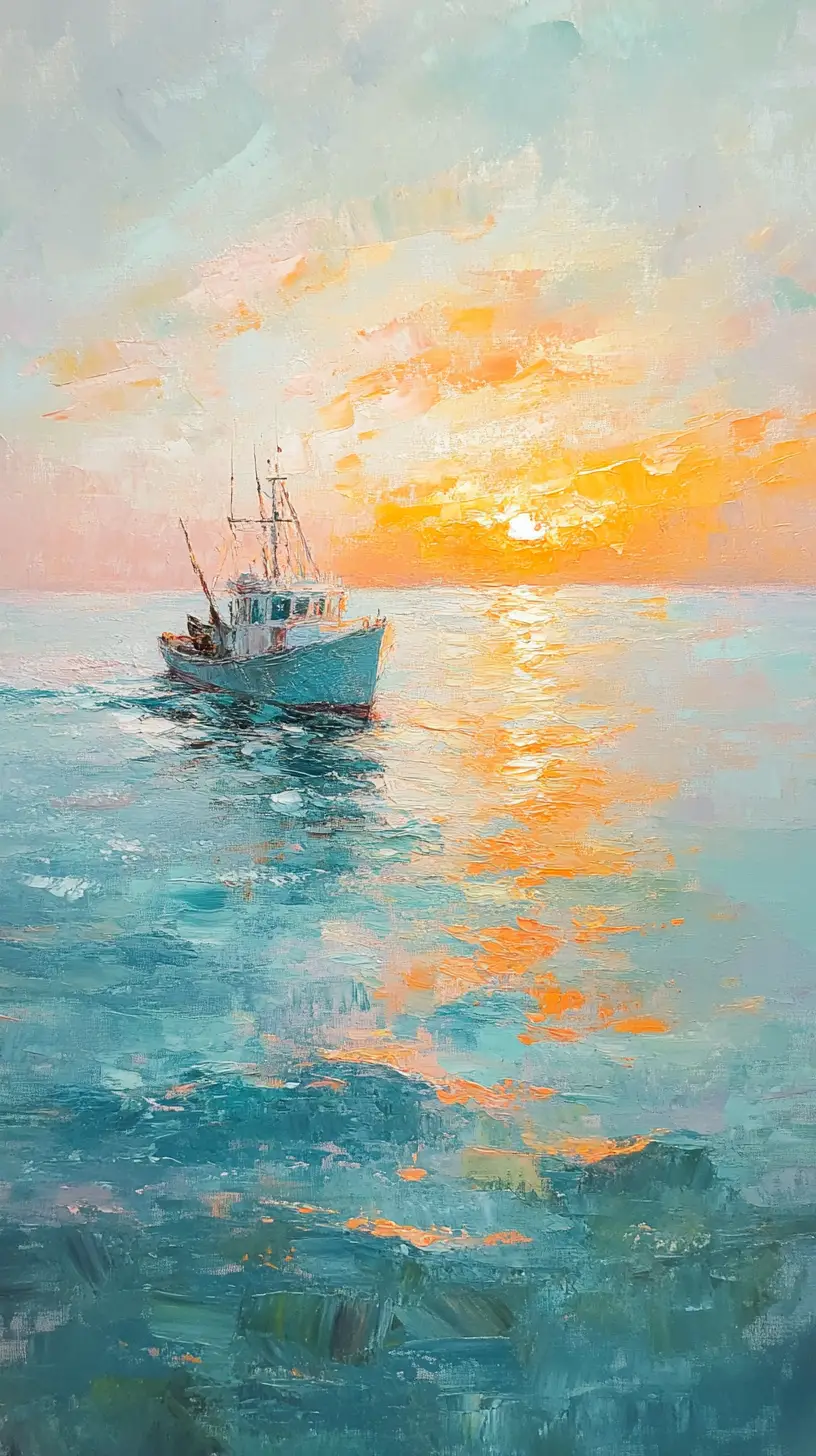 漁船與燦爛夕陽的印象派海景畫