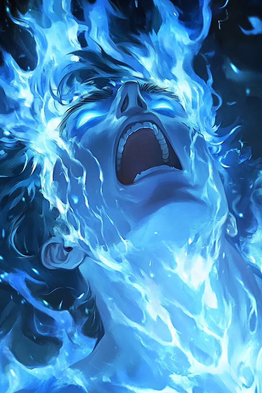 Hades screaming as Persephone gently calms his divine rage
