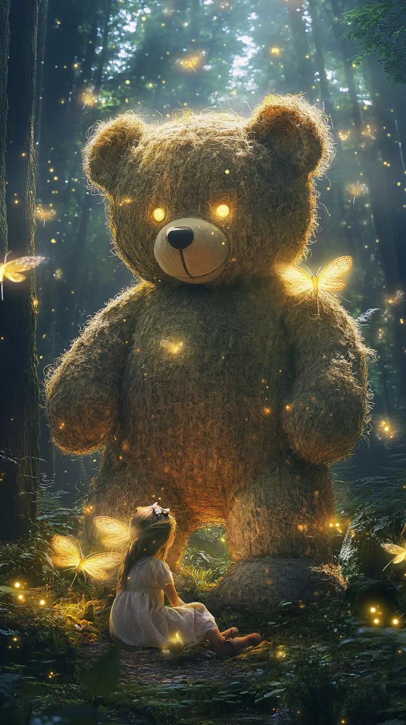 Riesiger Teddybär bewacht ein schlafendes Kind im Wald