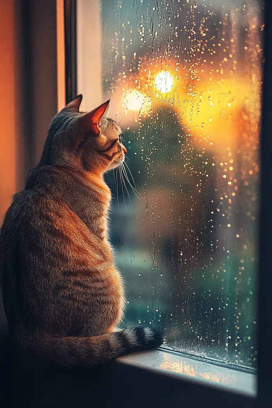 溫暖房間雨夜窗邊的動漫貓咪