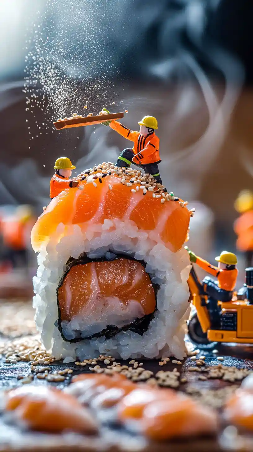Winzige Arbeiter bauen eine riesige Sushirolle – Makroszene