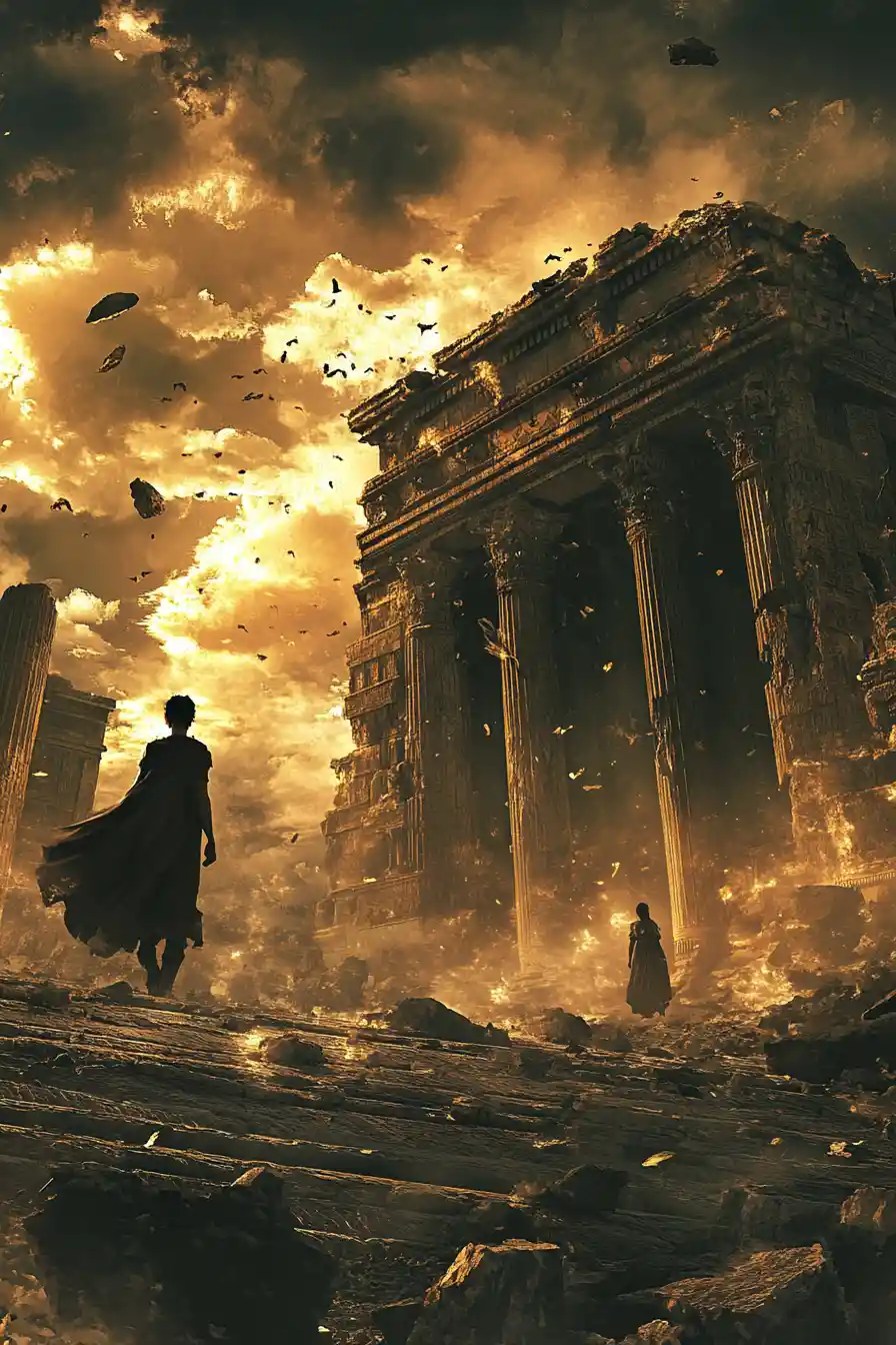 Man Standing Alone In Temple Ruins At Dramatic Sunset