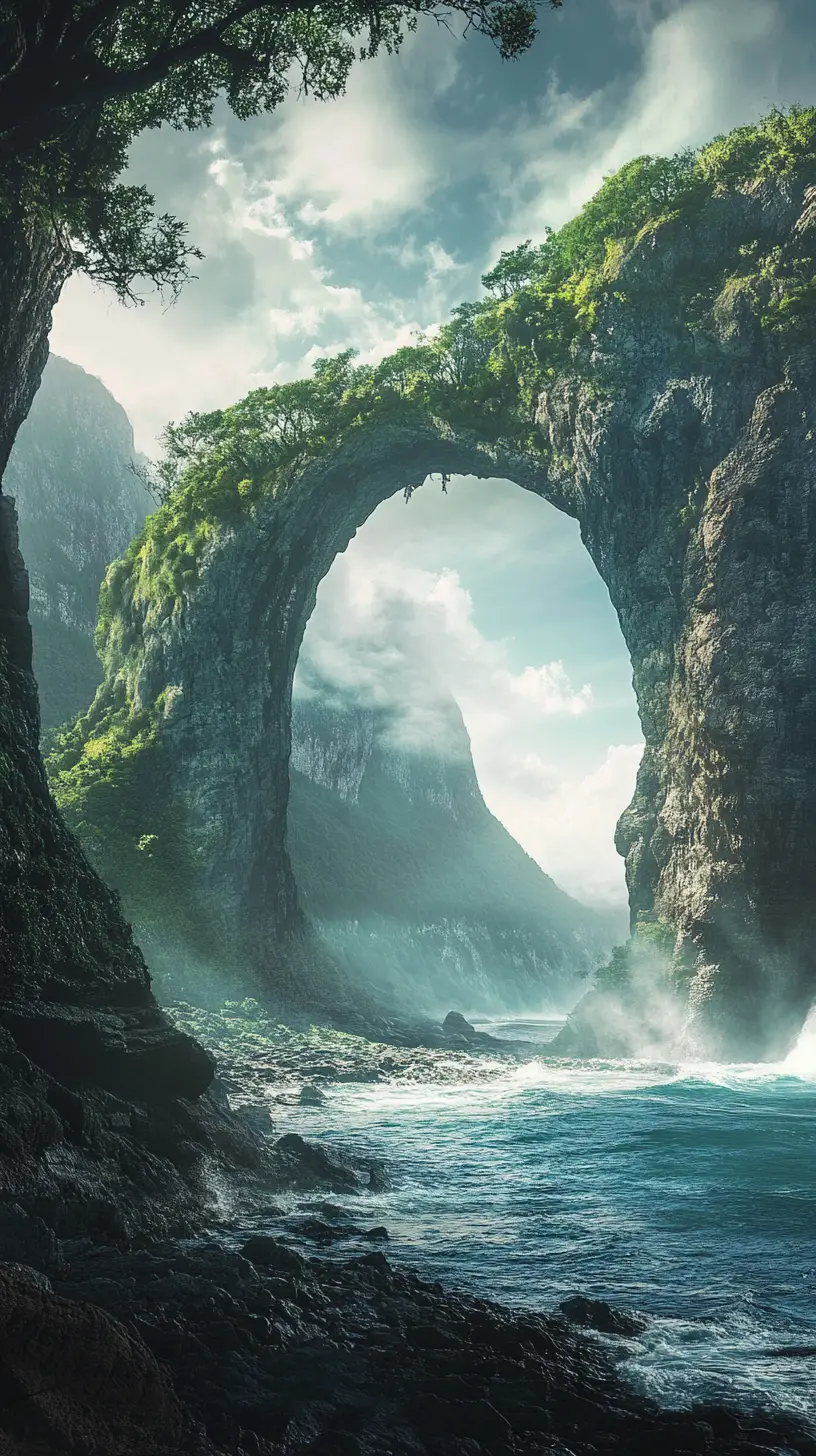 Arco de pedra místico sobre um litoral rochoso e enevoado