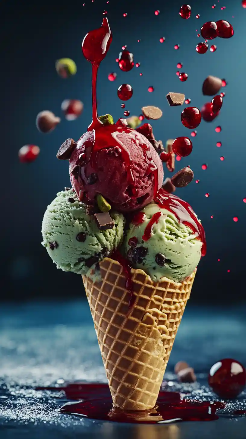 Sciroppo di ciliegia versato su palline di gelato al pistacchio