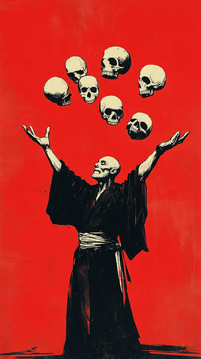 Monk In Robes Juggling Skulls In Minimalist Colors