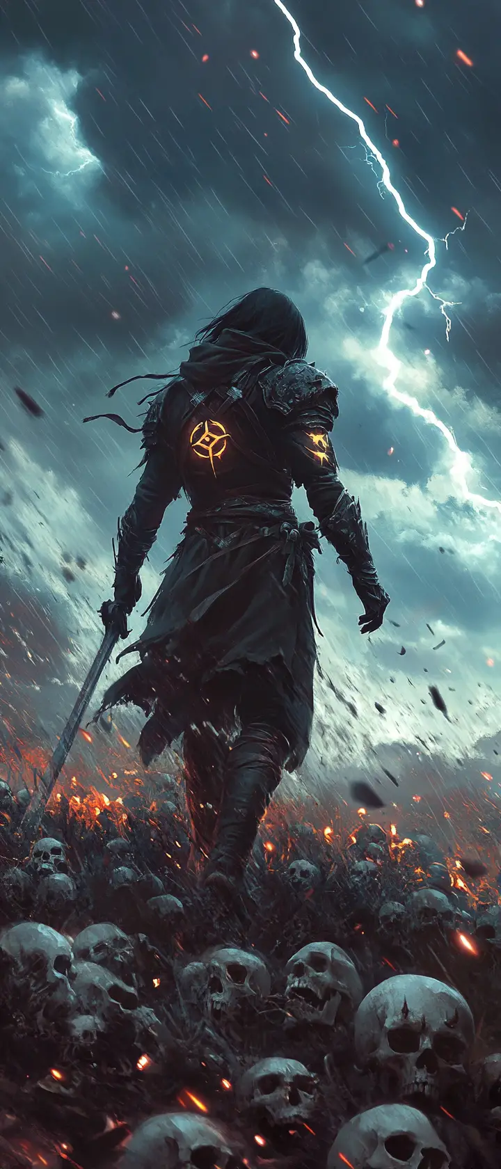 Anime demon hunter walking through skull field in storm