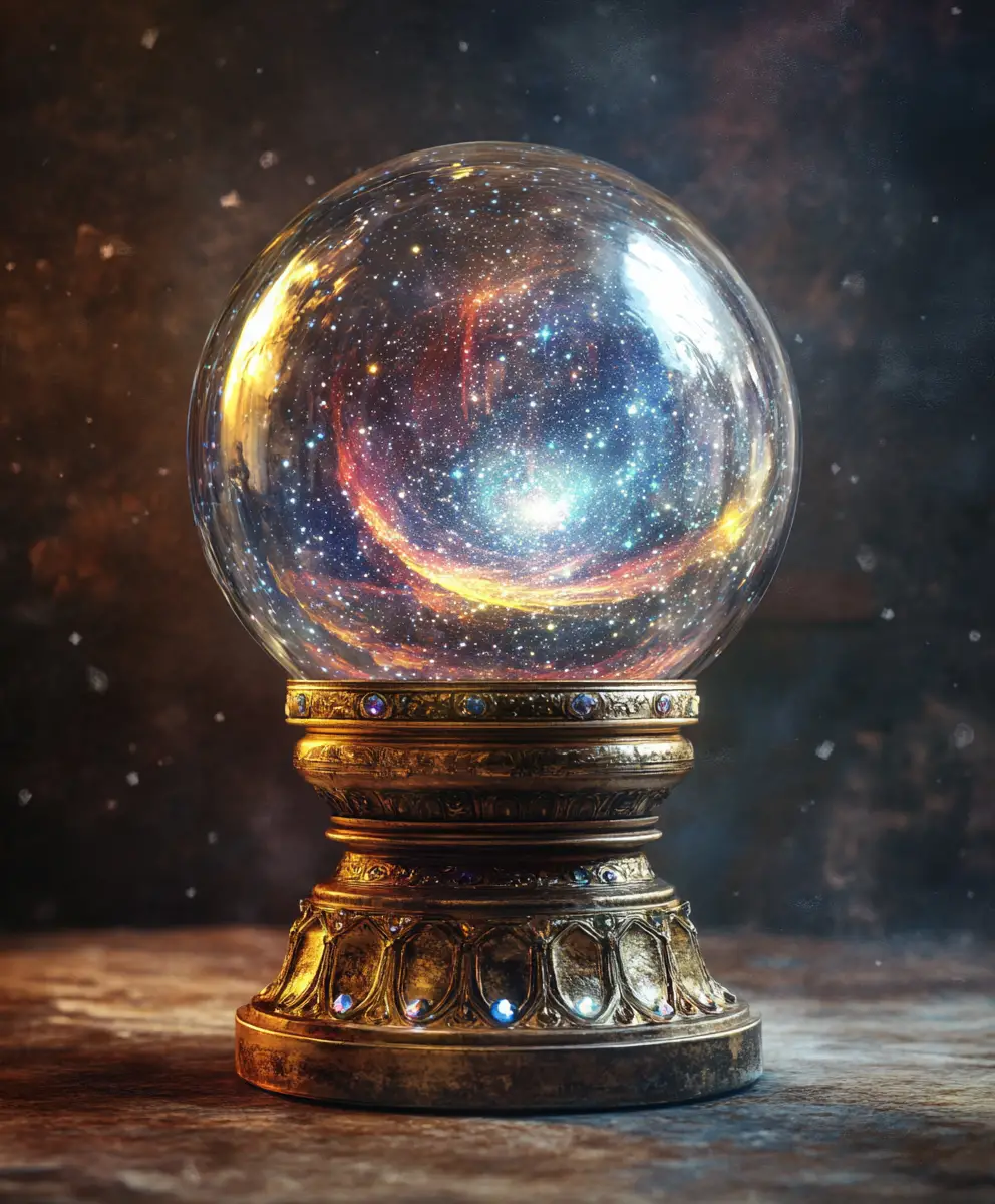 Sfera di cristallo con galassia su sfondo grunge rovinato
