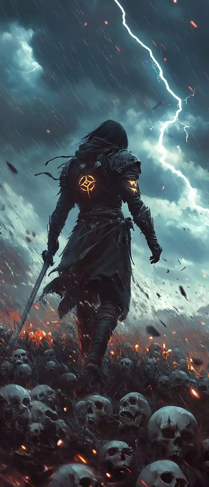 Anime demon hunter walking through skull field in storm