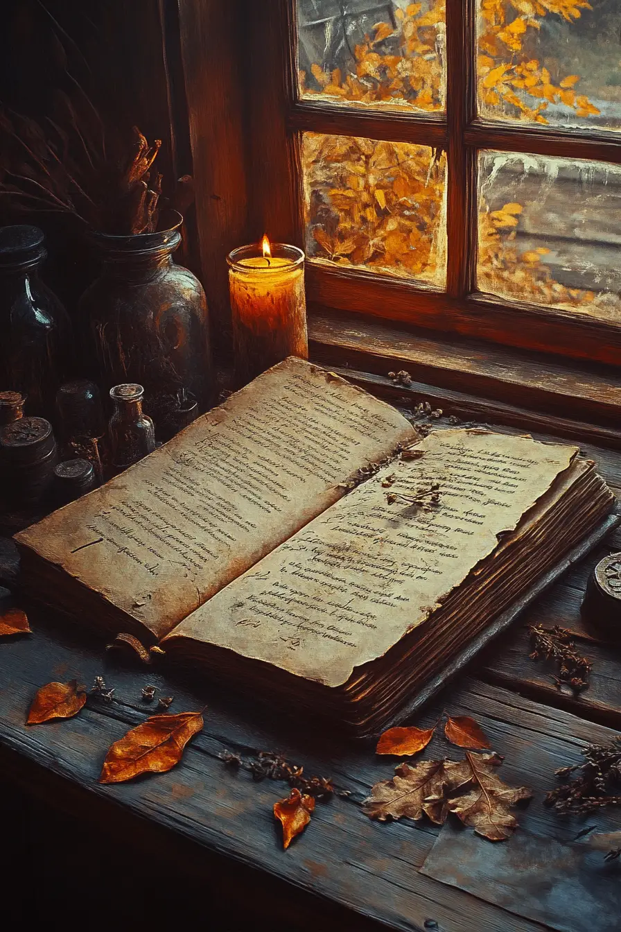 Natura morta con antico libro di incantesimi e candele in una cabina di legno