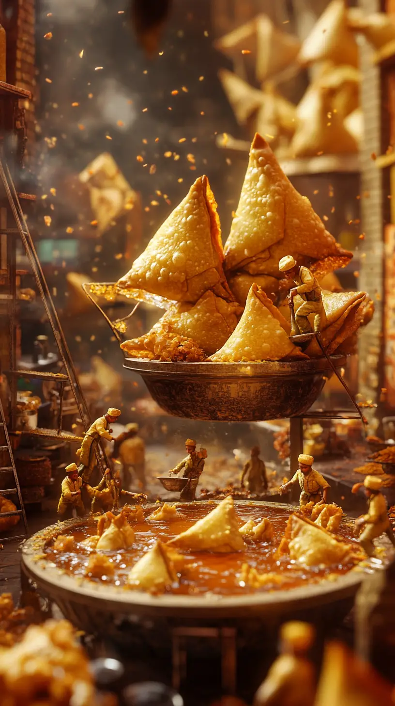 Winzige Arbeiter frittieren riesige Samosas in einem geschäftigen Imbissladen