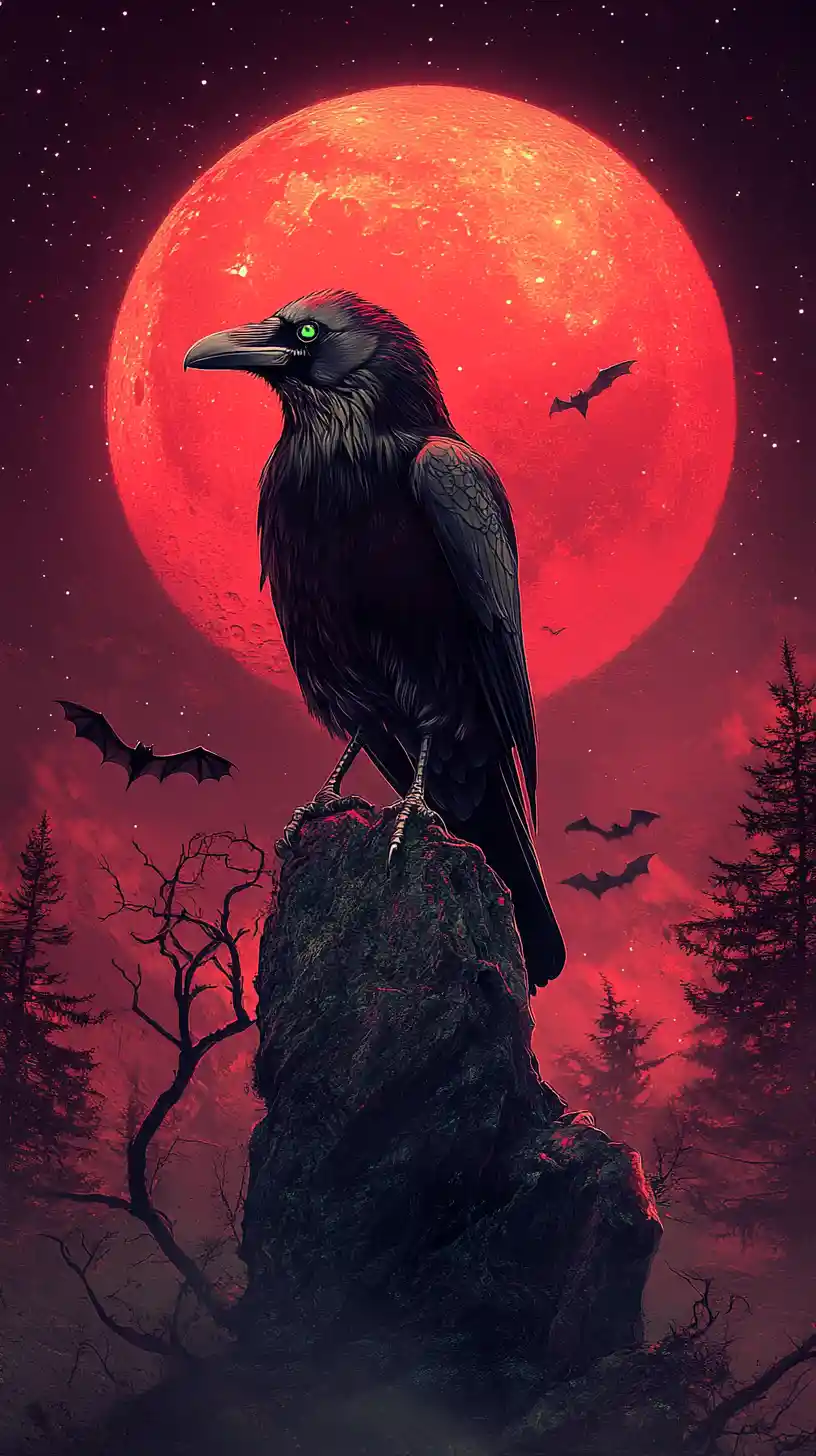Majestic raven under a blood red moonlit forest sky