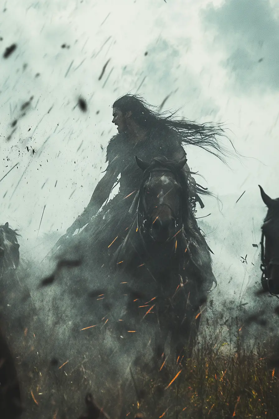 Warrior woman racing a chariot through foggy battlefield