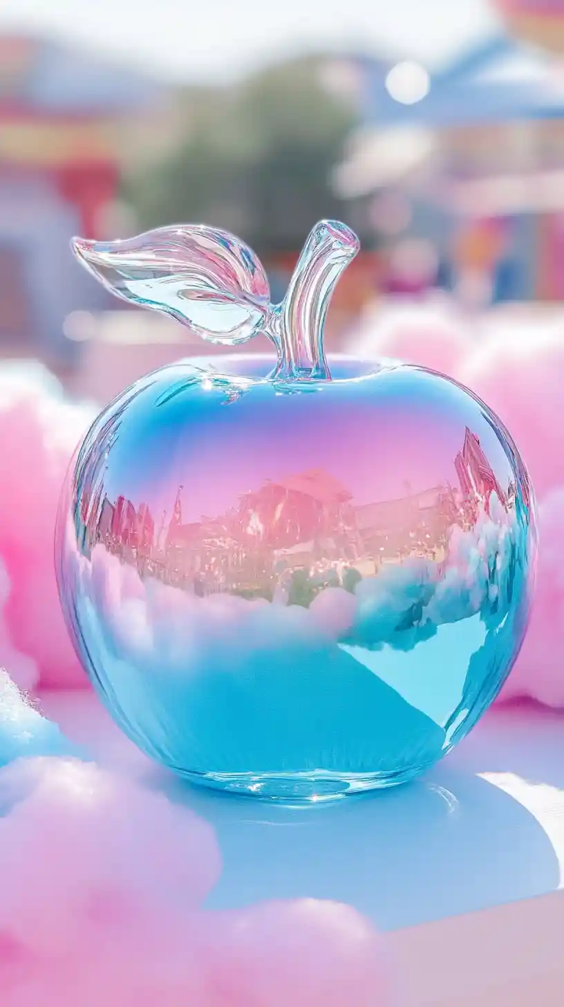 Glass apple on cotton candy table in pastel colors
