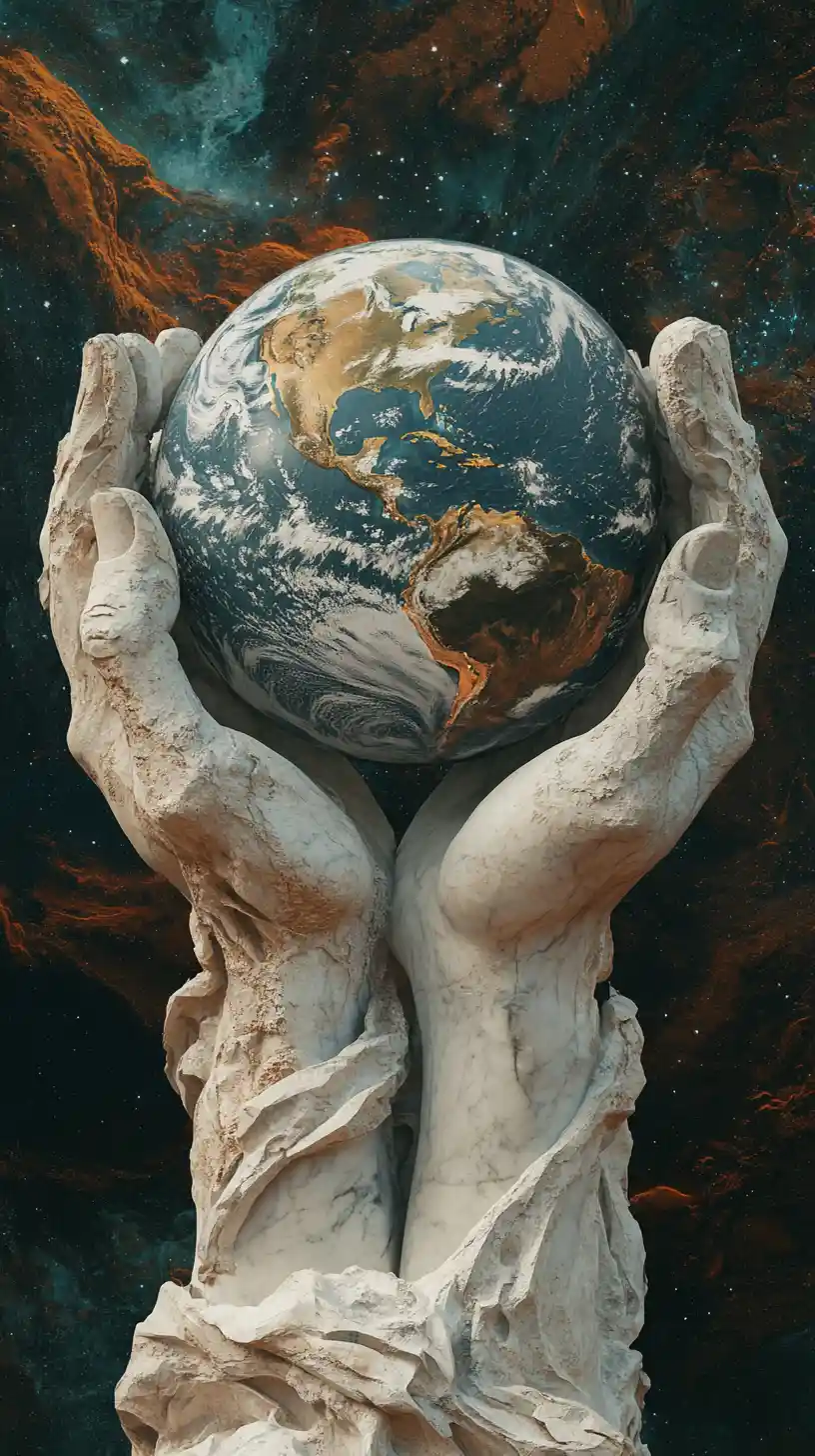 Colossal marble statue holding planet earth in outer space