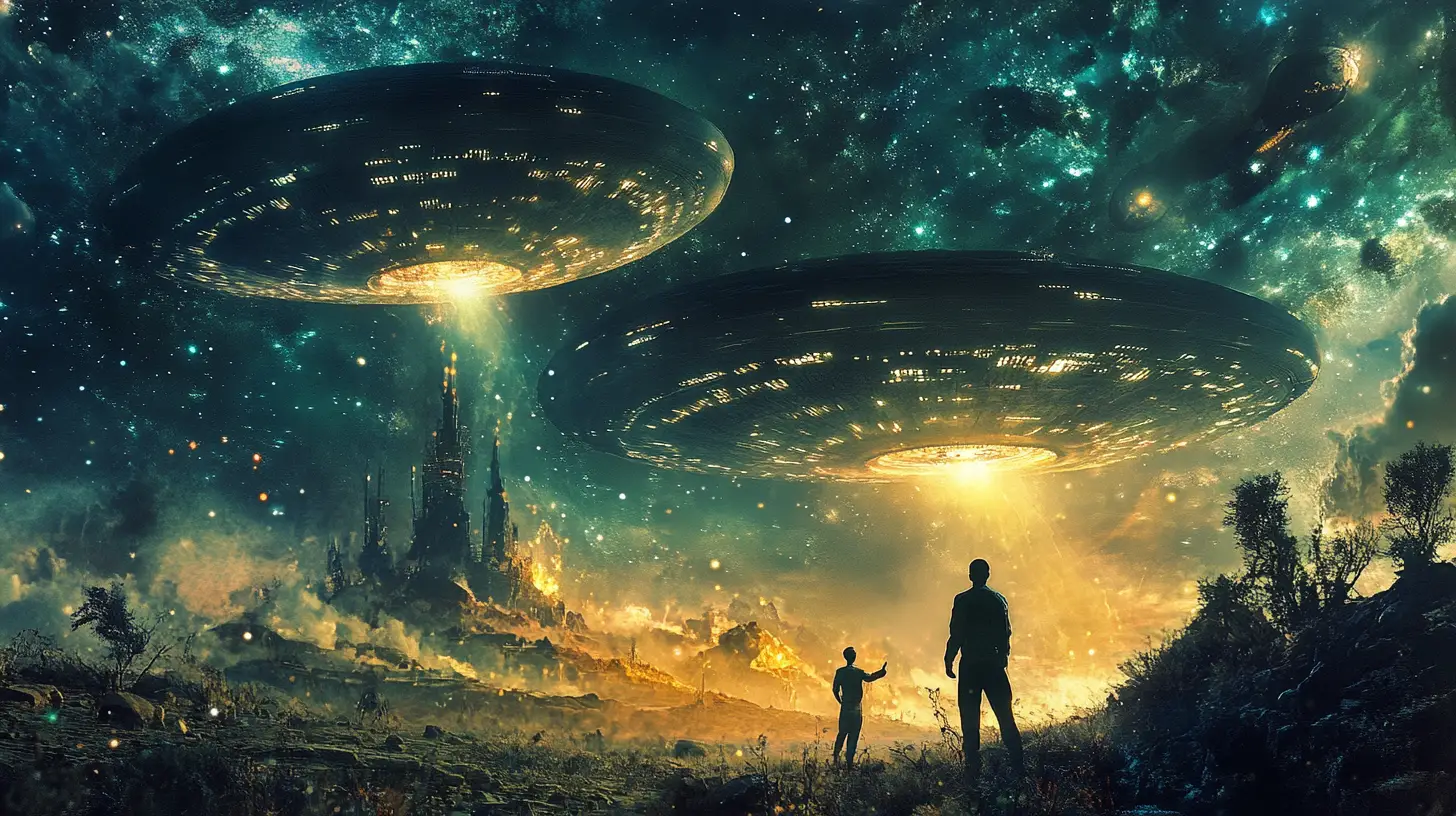 在已降落太空船旁與男子相遇的多彩外星人