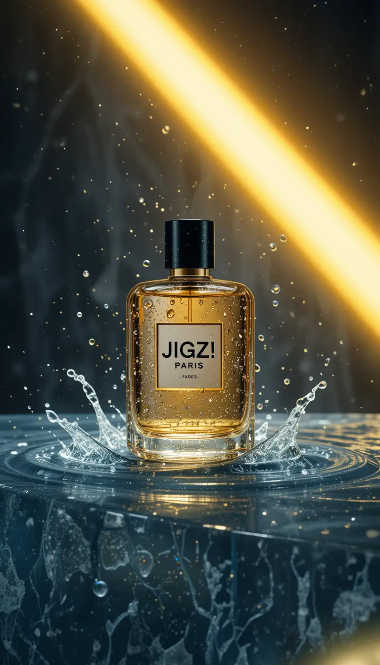 Flacone di profumo su vetro bagnato con drammatica luce gialla