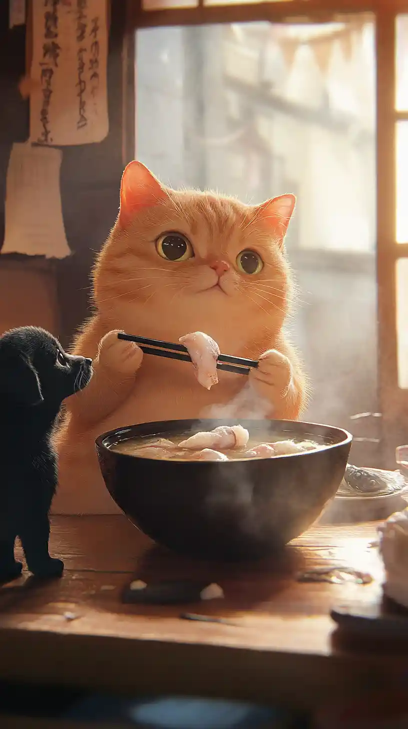 Pummeliger orangefarbener Kater teilt Fisch-Eintopf mit einem Welpen
