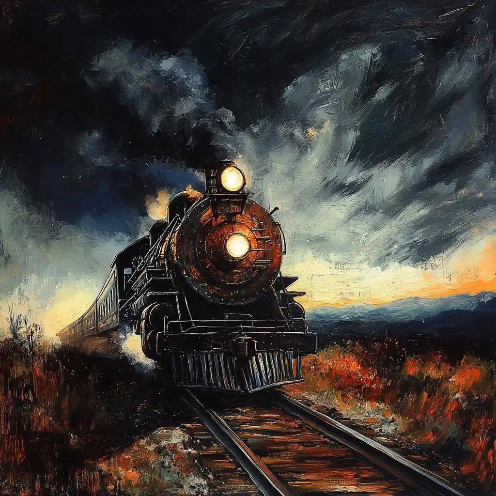 Dark long black train rushing down the lonely railway