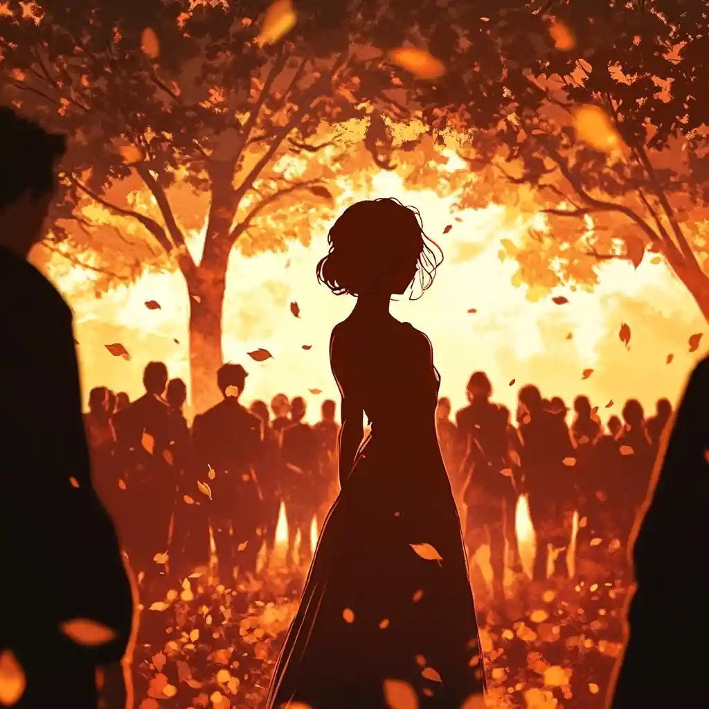 Lonely anime woman in sunlight beyond a distant crowd