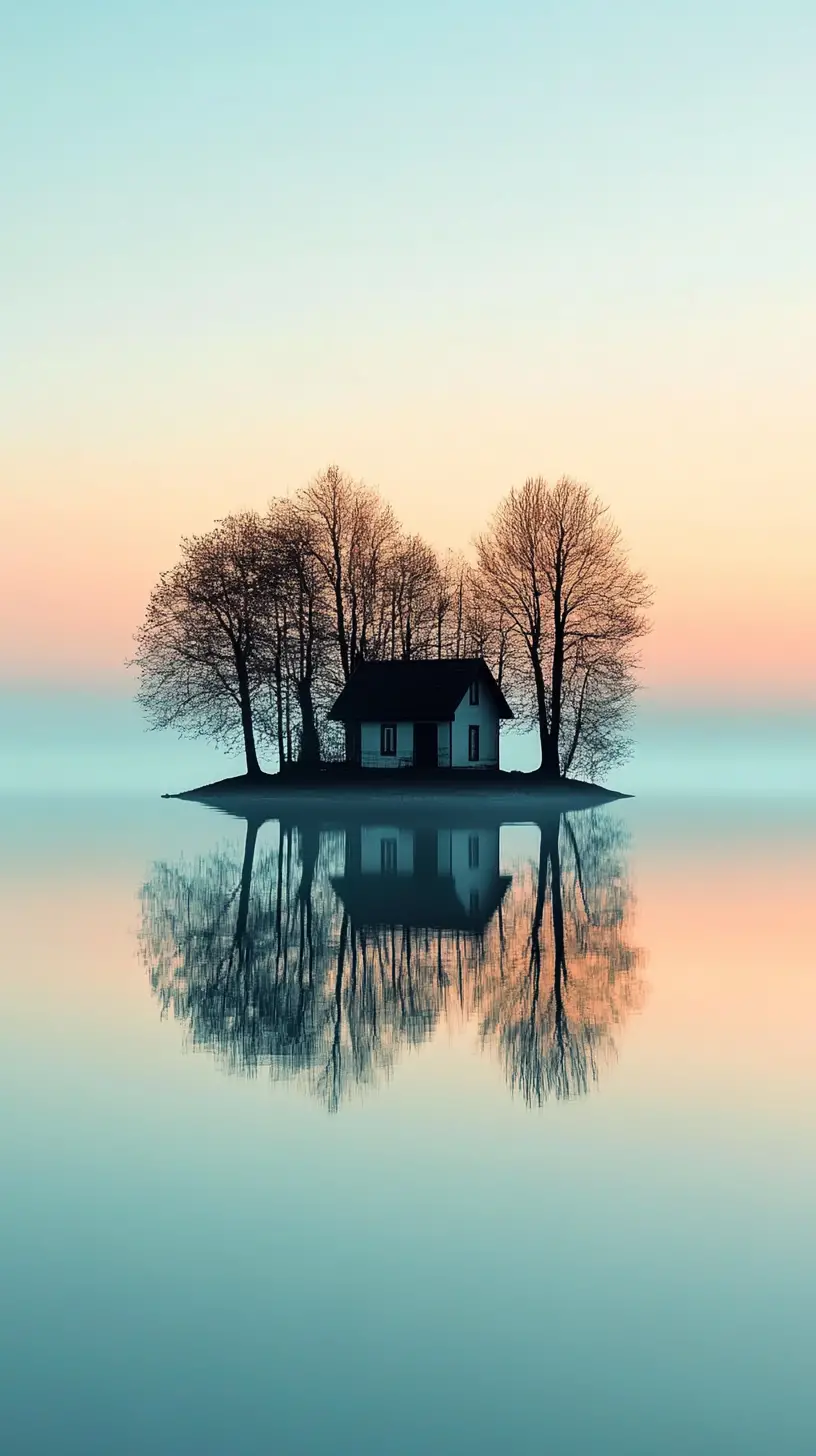Cabina solitaria su una minuscola isola del lago all’alba tranquilla