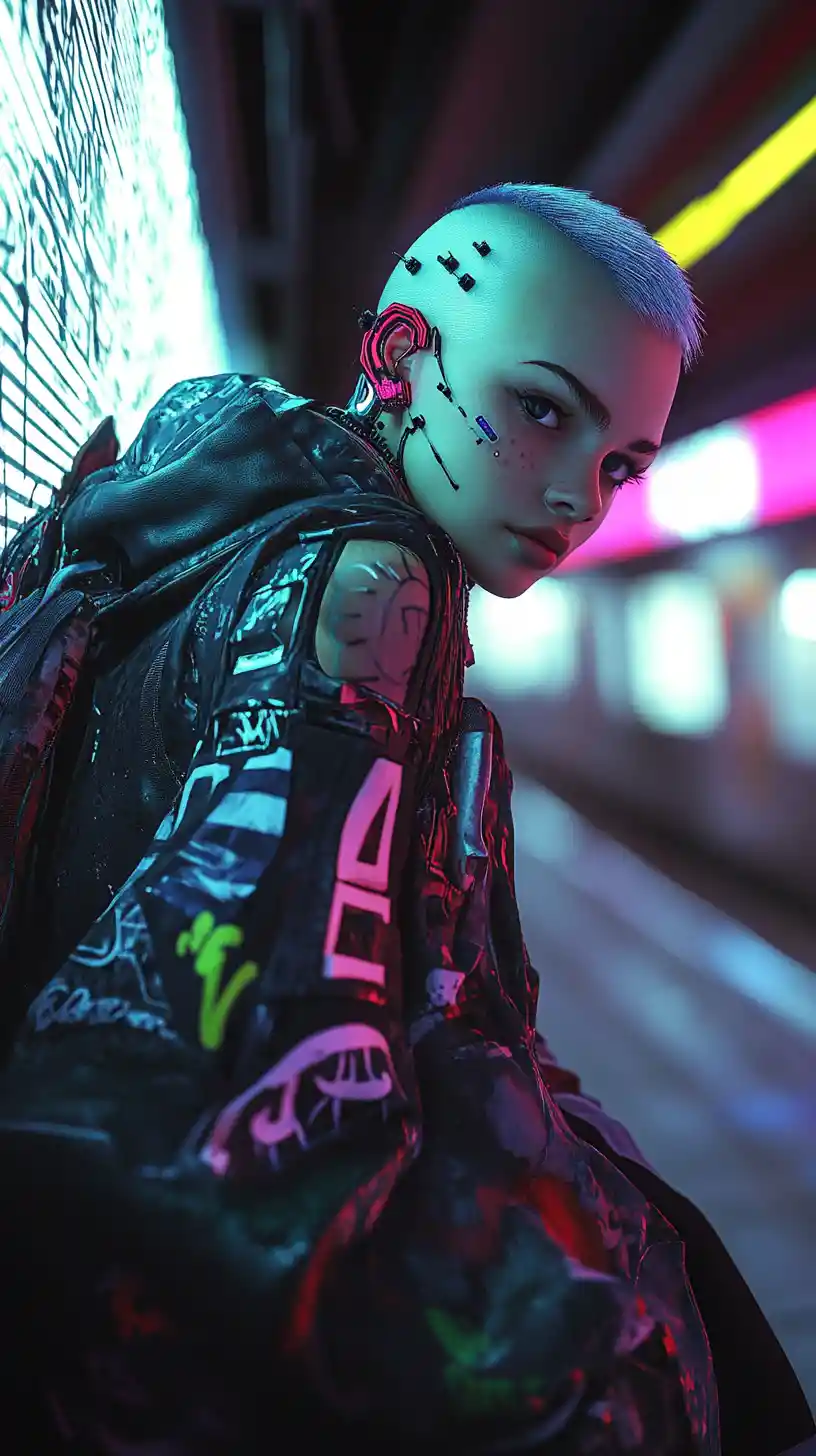Cyberpunk girl tagging a glowing metro wall with graffiti