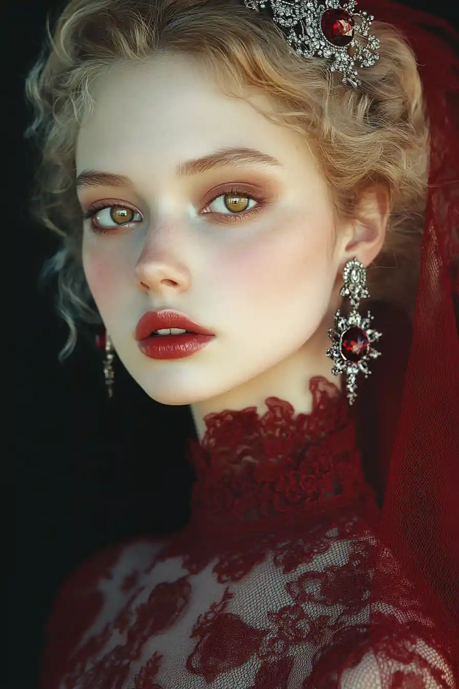 Close up portrait of veiled woman with amber eyes