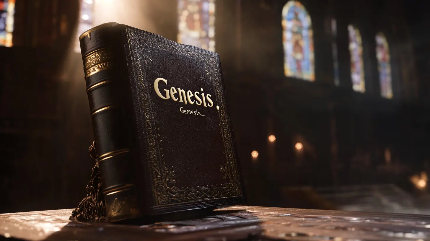 Mystisches ledergebundenes Buch der Genesis in antiker Bibliothek