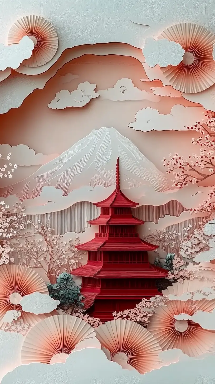 Geschichtete Papierkunst-Landschaft mit Pagoden und dem Berg Fuji