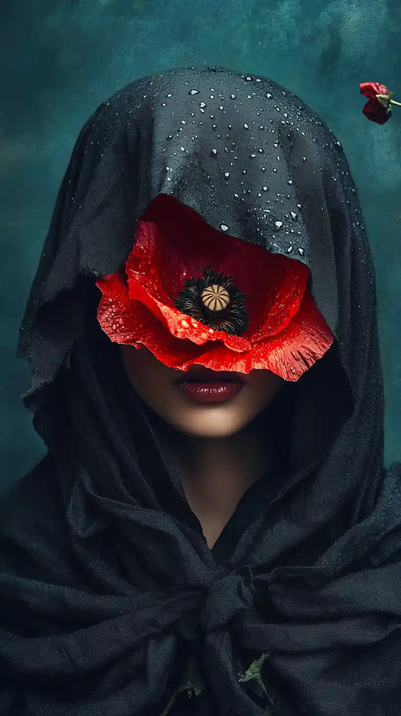 Hooded woman with red poppy flower obscuring her face
