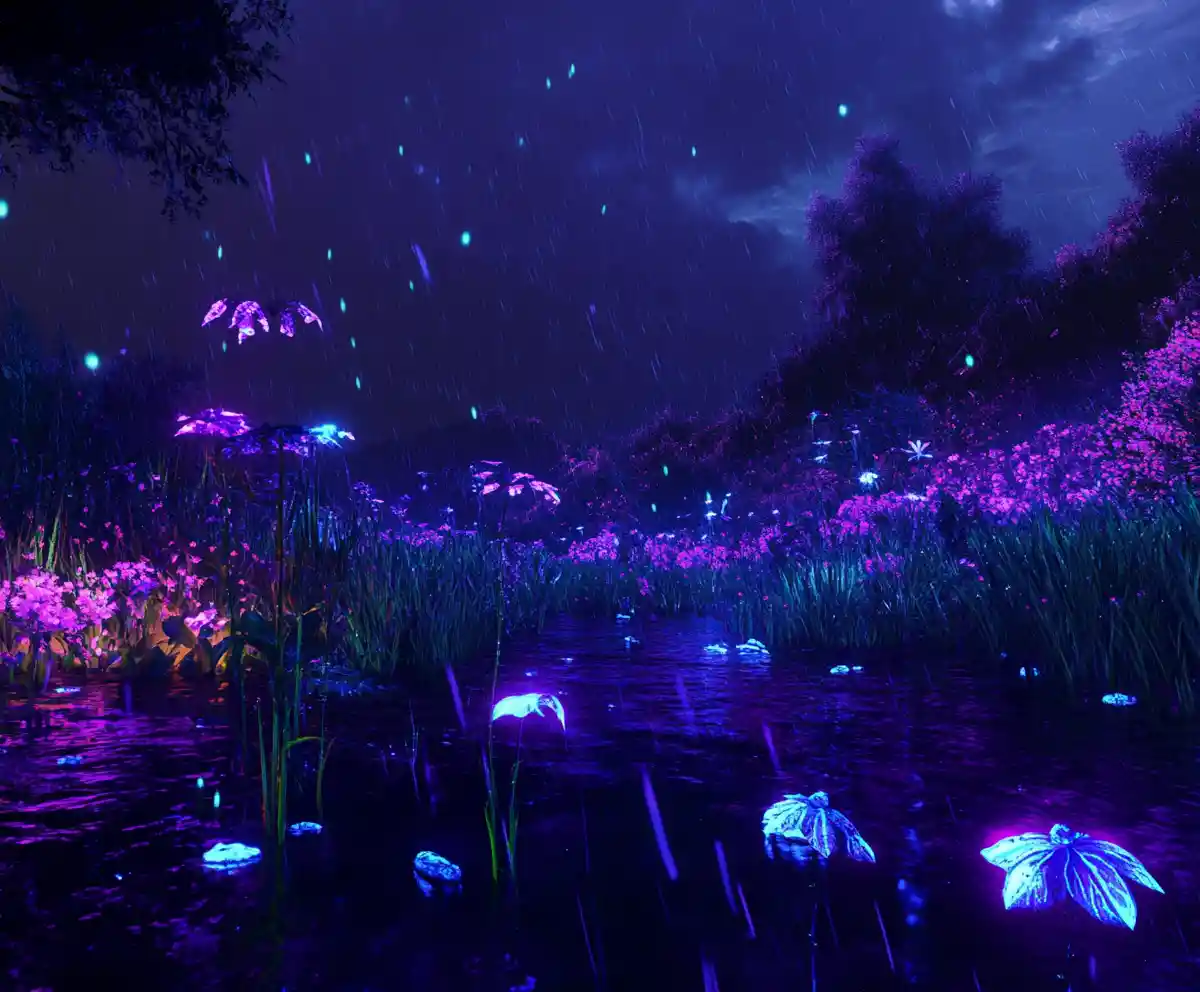 Bioluminescent Storm Above A Forest Clearing At Night